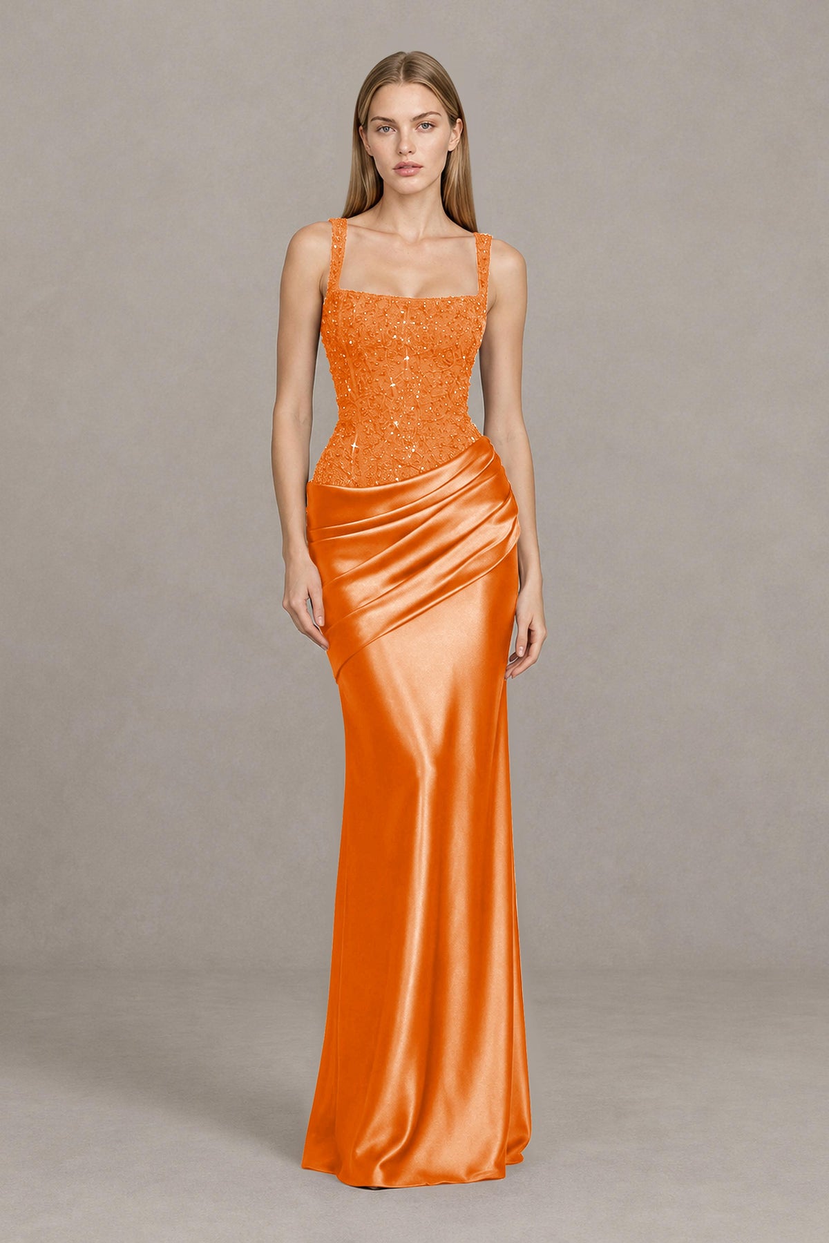 BOLODOO Orange Square Neck Embellished Satin Evening Gown - Orange