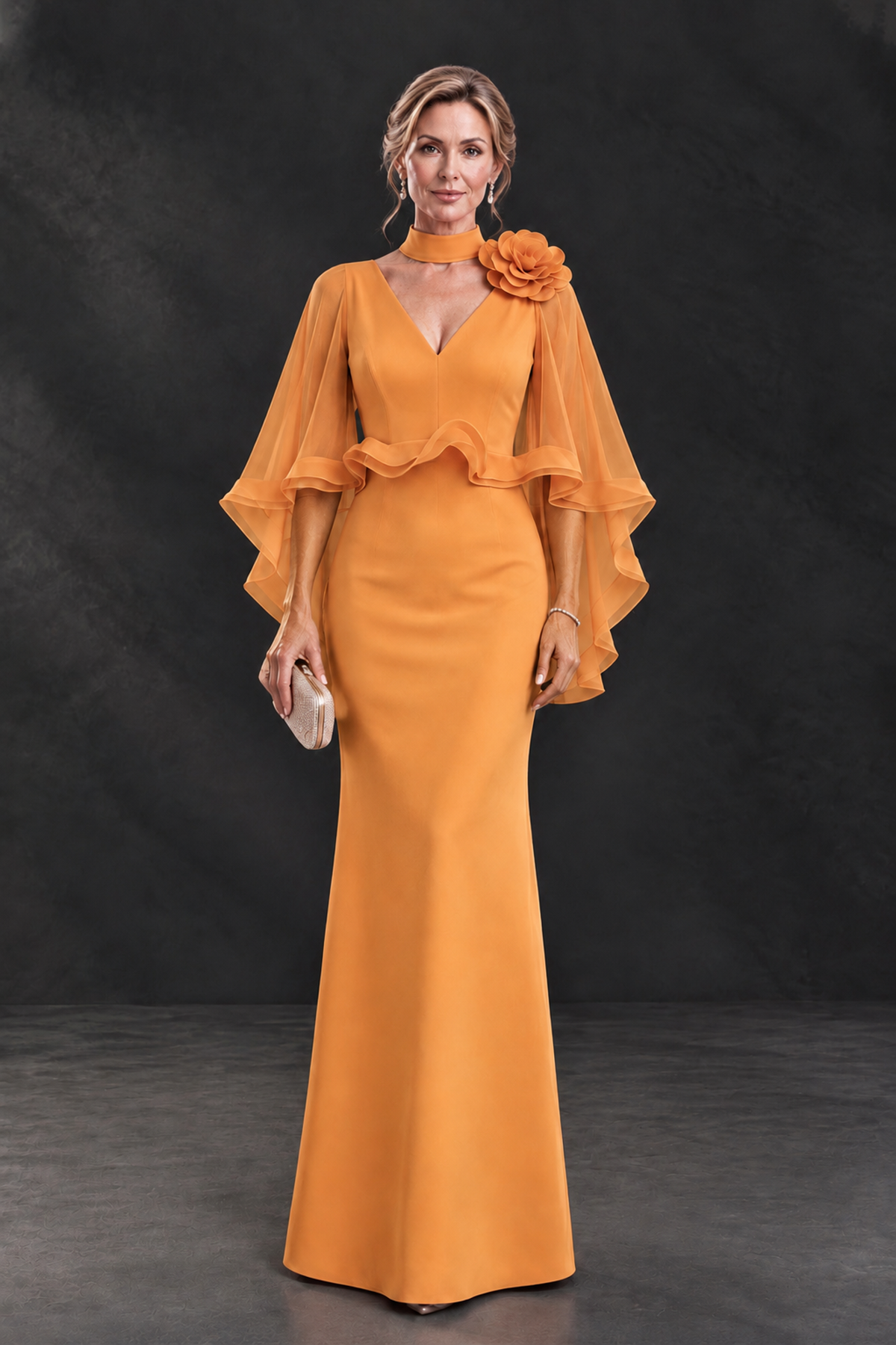 BOLODOO Orange Floral Cape Sleeve Mother of the Bride Dress - Orange - Orange_1