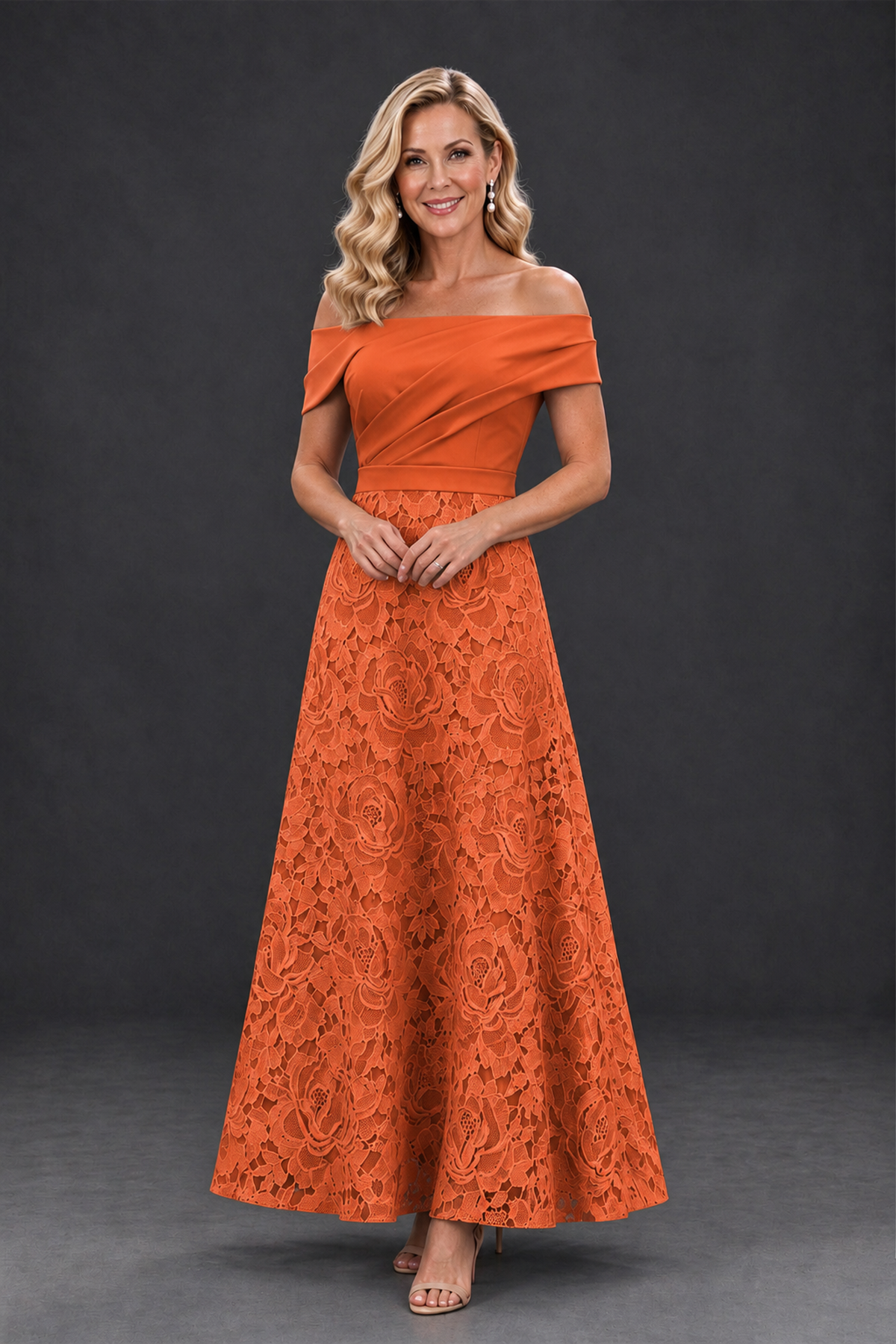 BOLODOO Orange Off-the-Shoulder Floral A-Line Mother of the Bride Dress - Orange - Orange_1