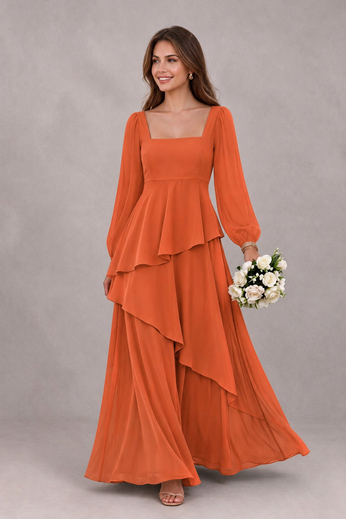 BOLODOO Orange Long Sleeve Ruffle Bridesmaid Dresses - Orange - Orange_1