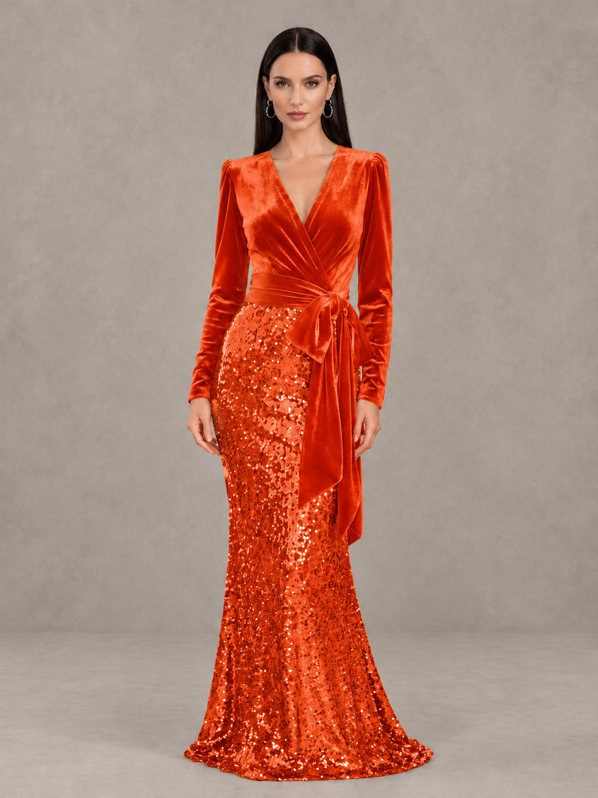 BOLODOO Orange Velvet & Sequin Long Sleeve V-Neck Mermaid Evening Gown - Orange - Orange_1