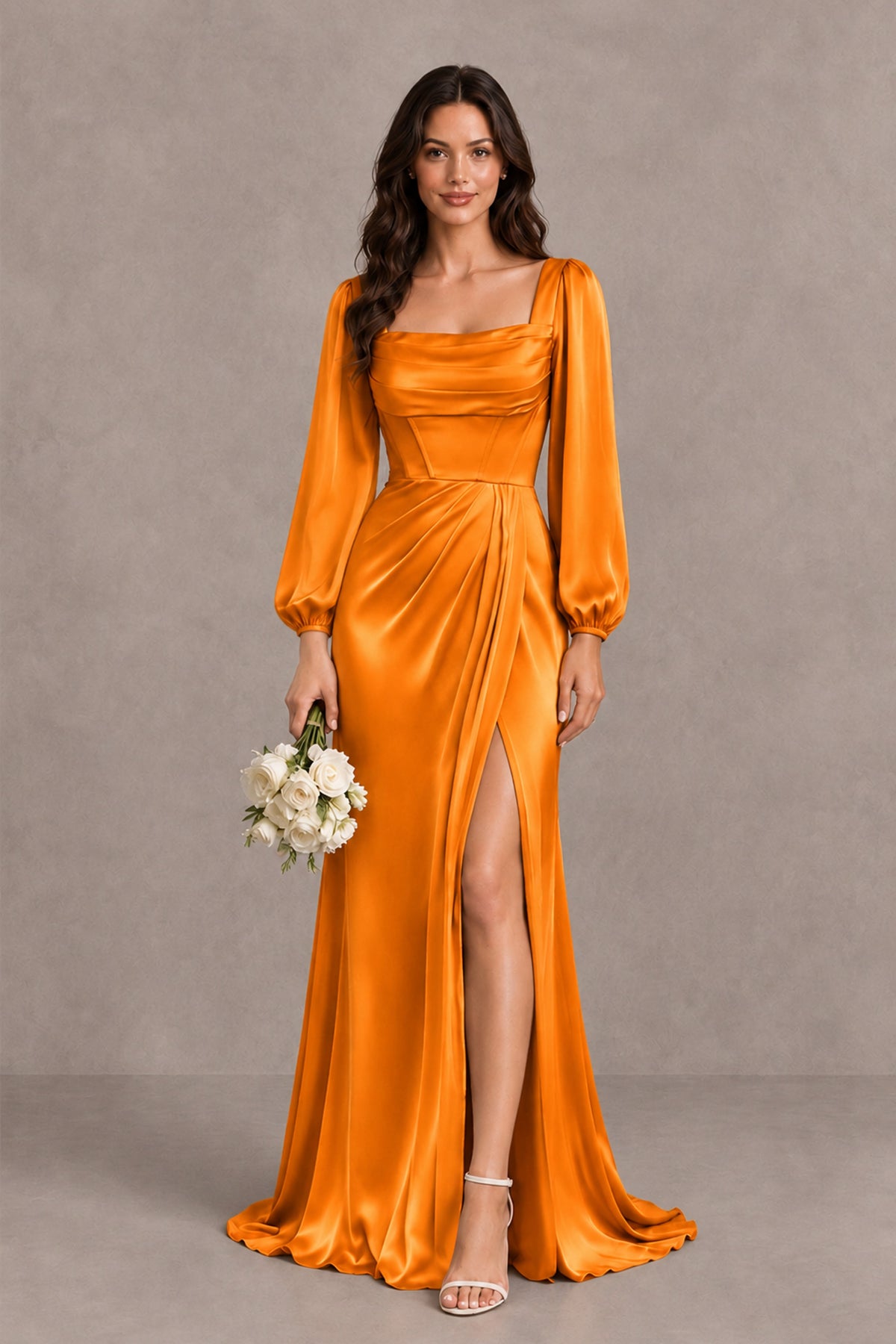 BOLODOO Orange Satin-Look Long Sleeve Evening Dress with High Slit - Orange - Orange_1