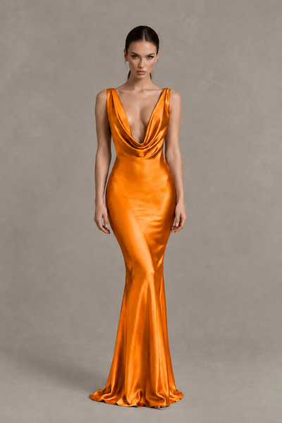 BOLODOO Orange Cowl Neck Backless Satin Mermaid Evening Dress - Orange - Orange_1