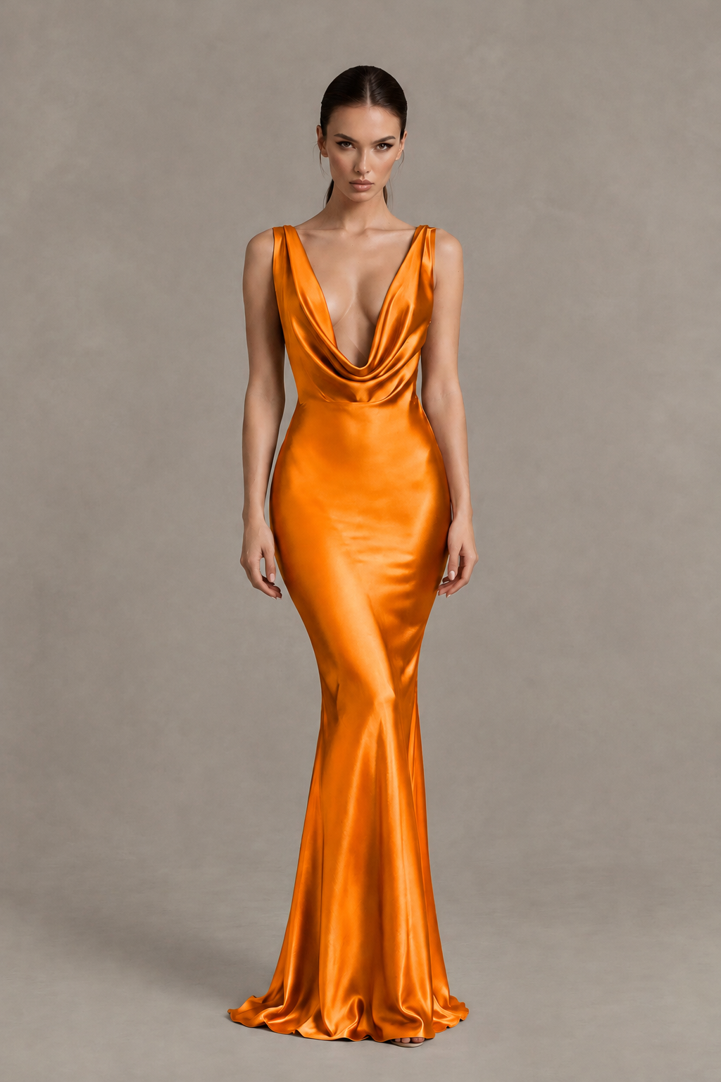 BOLODOO Orange Cowl Neck Backless Satin Mermaid Evening Dress - Orange - Orange_1