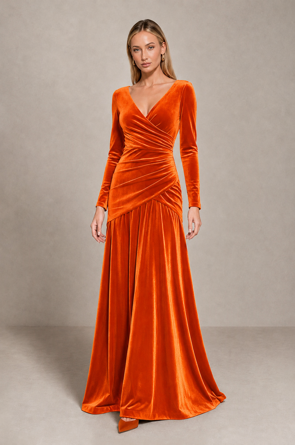 BOLODOO Orange Velvet Long Sleeve V-Neck Ruched Evening Dress - Orange - Orange_1
