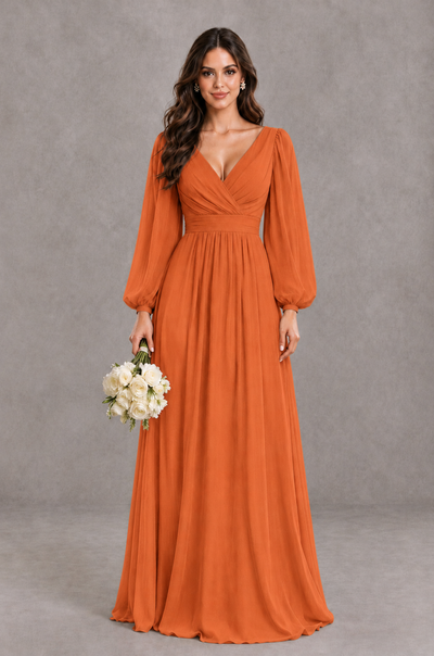 BOLODOO Orange Long Sleeve V-Neck A-Line Bridesmaid Dress - Orange - Orange_1