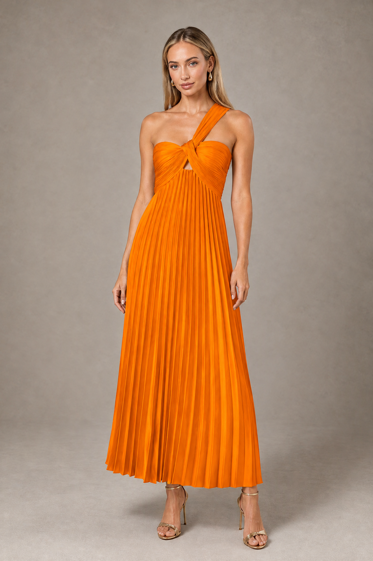 BOLODOO Orange One-Shoulder Twist Knot Pleated Satin Midi Dress with Cutout - Orange - Orange_1