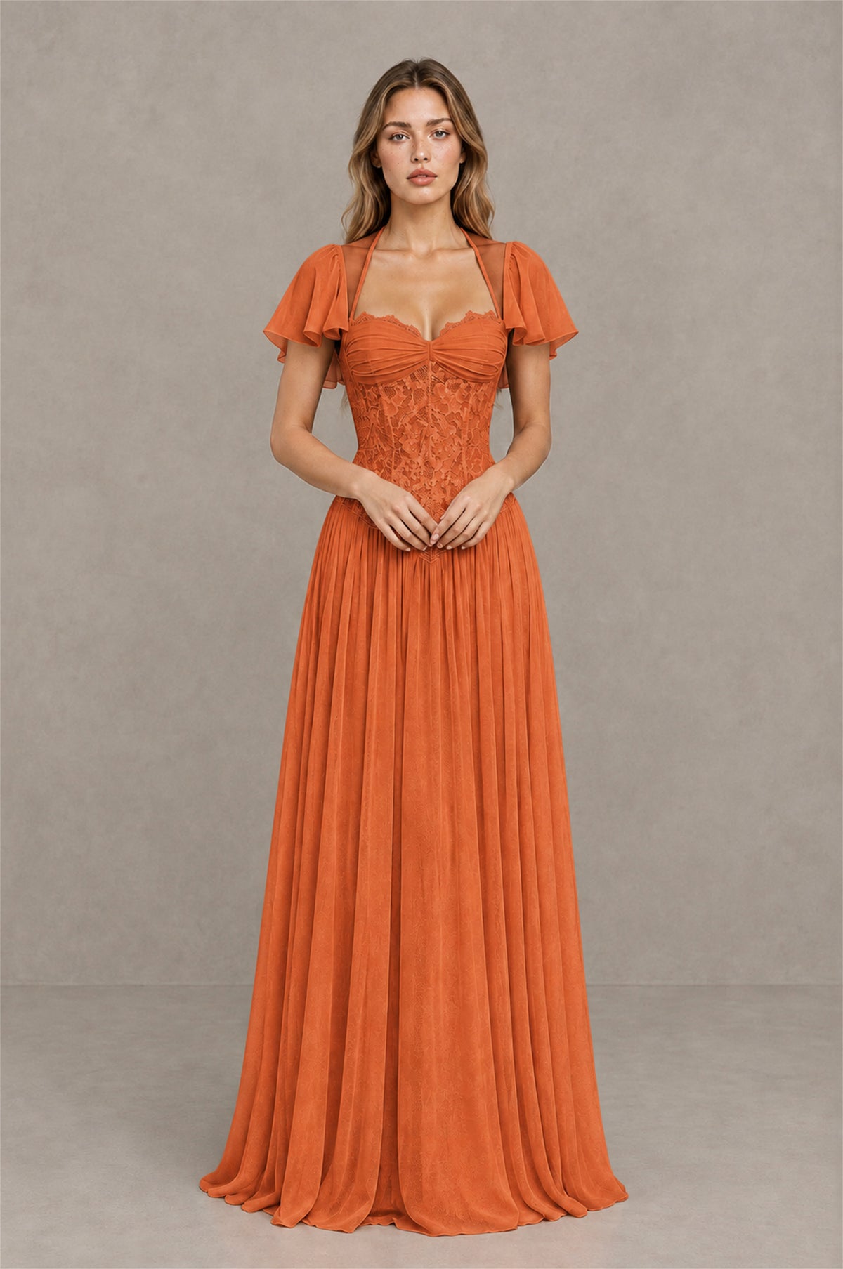 BOLODOO Orange Flutter Sleeve Lace Corset A-Line Maxi Dress - Orange - Orange_1
