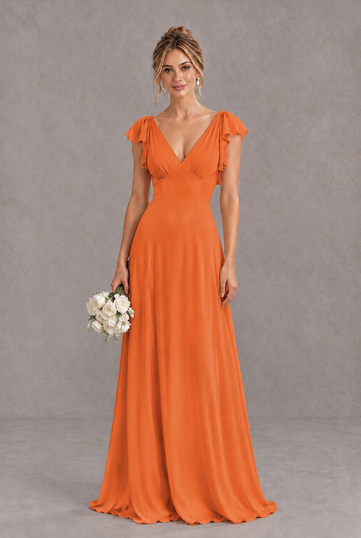 BOLODOO Orange V-Neck Flutter Sleeve A-Line Bridesmaid Dress - Orange - Orange_1