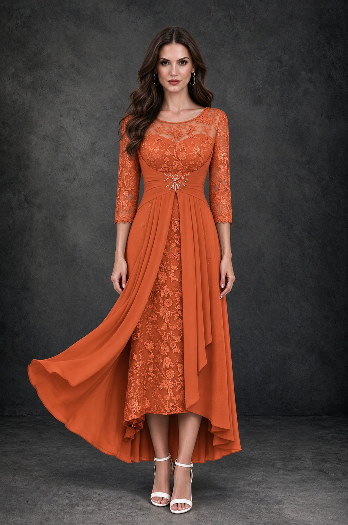 BOLODOO Orange Sequin Lace & Chiffon Tea-Length Mother of the Bride Dress with 3/4 Sleeves - Orange - Orange_1