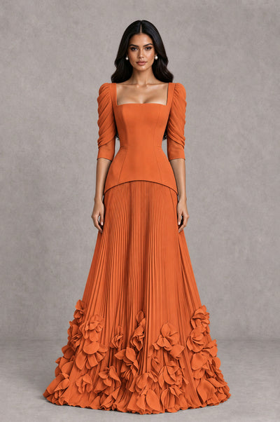 BOLODOO Orange Square Neck Pleated Floral Applique Evening Dress - Orange - Orange_1