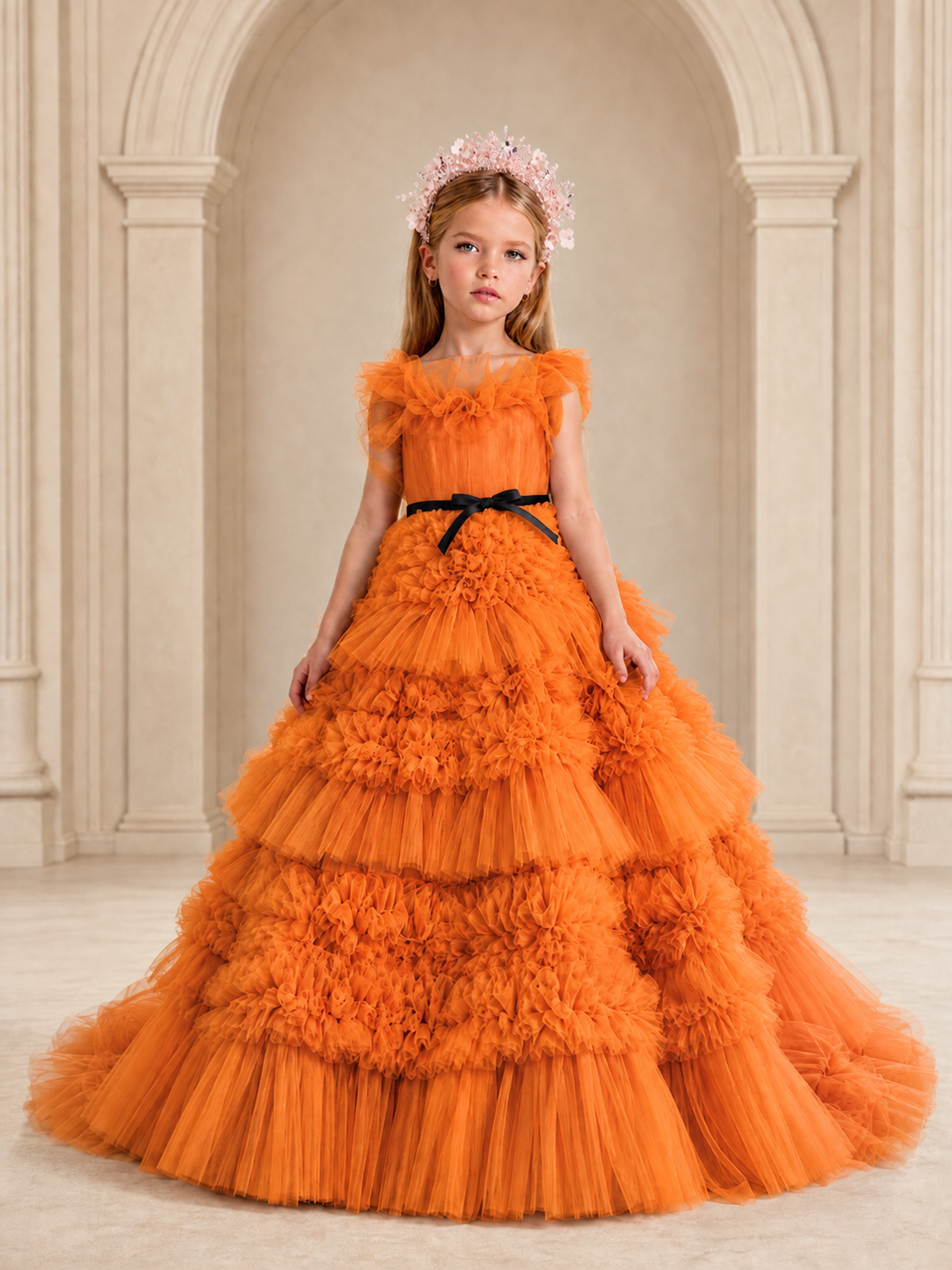BOLODOO Orange Tiered Tulle Flower Girl Dress with Floral Appliques - Orange - Orange_1