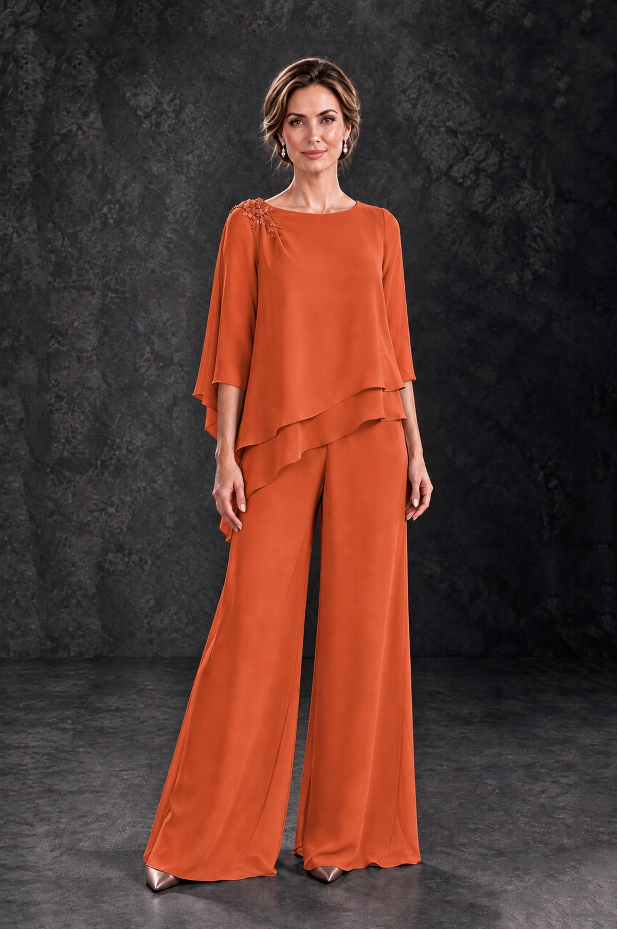 BOLODOO Orange Layered Wide-Leg Mother of the Bride Pant Suit - Orange - Orange_1