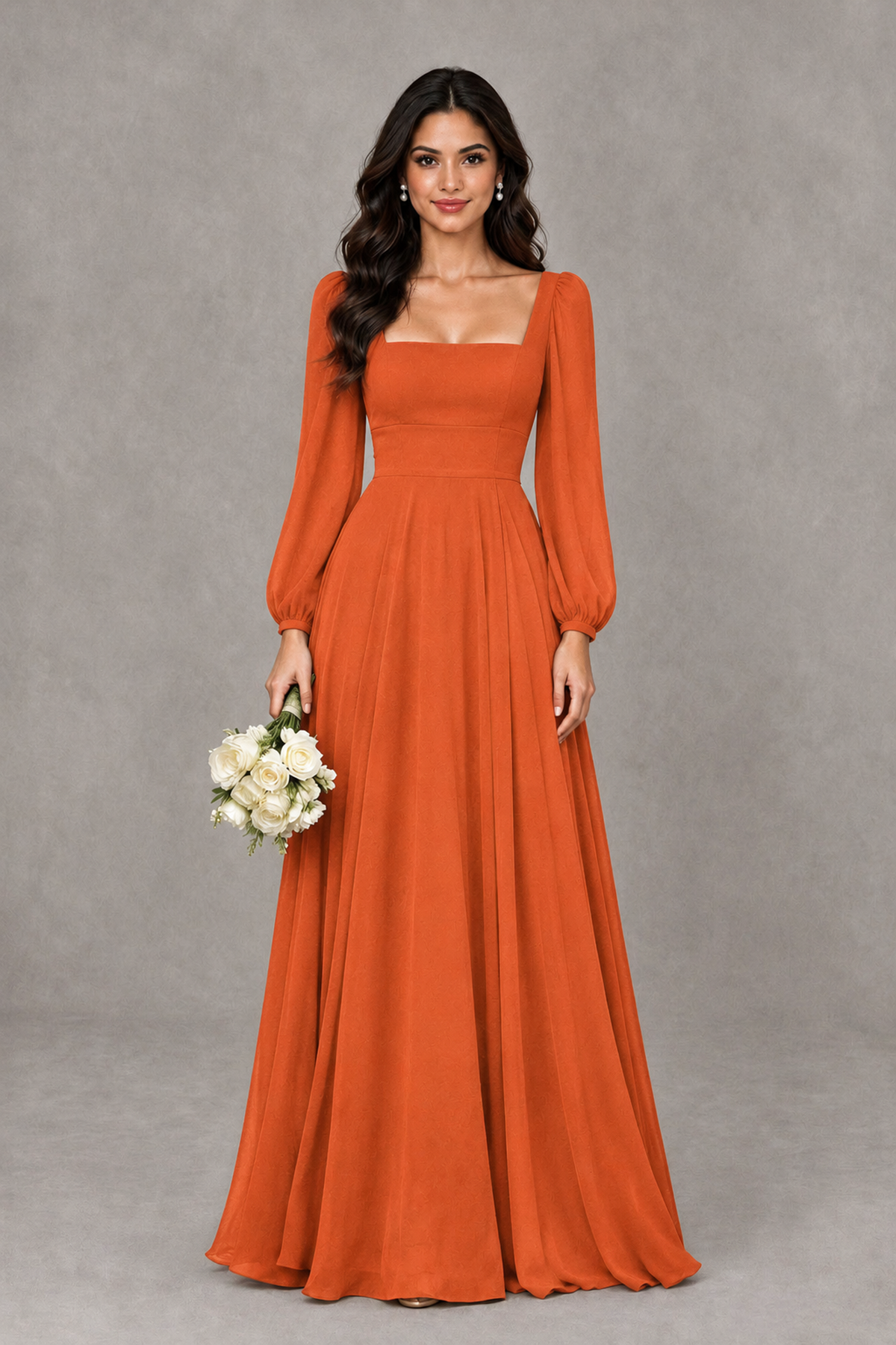 BOLODOO Orange Square Neck Long Sleeve A-Line Bridesmaid Dress - Orange - Orange_1