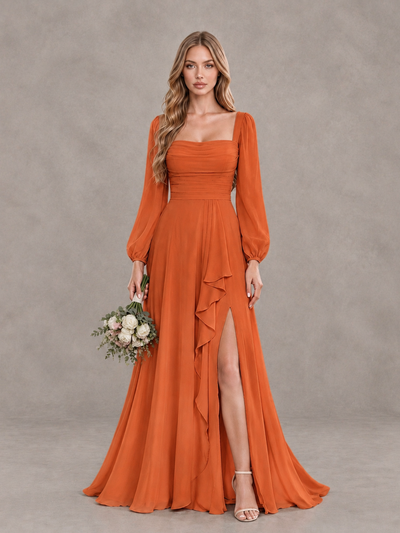 BOLODOO Orange Square Neck Long Sleeve Bridesmaid Dress with Ruffle Slit - Orange - Orange_1