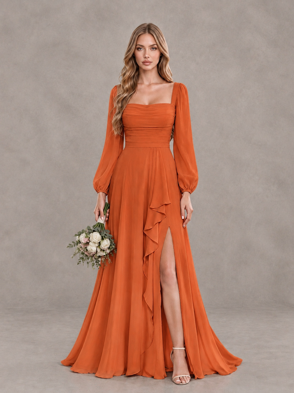 BOLODOO Orange Square Neck Long Sleeve Bridesmaid Dress with Ruffle Slit - Orange - Orange_1