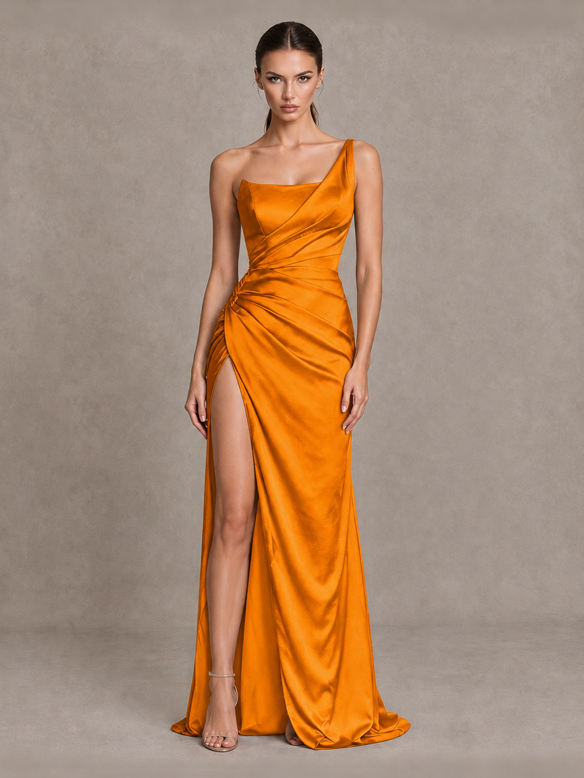 BOLODOO Orange One Shoulder Satin Evening Gown with High Slit and Sweep Train - Orange - Orange_1