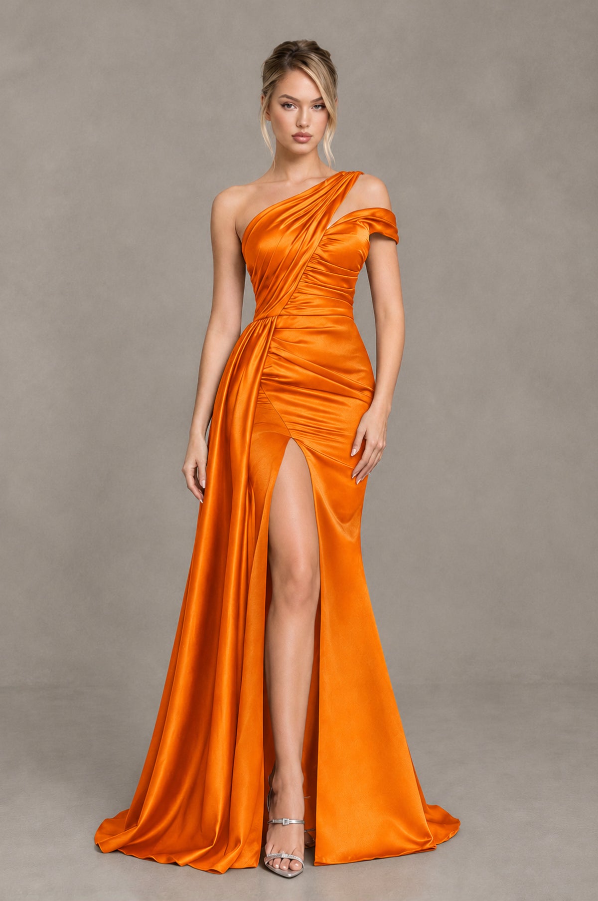 BOLODOO Orange Asymmetric Ruched Formal Evening Dress - Orange - Orange_1