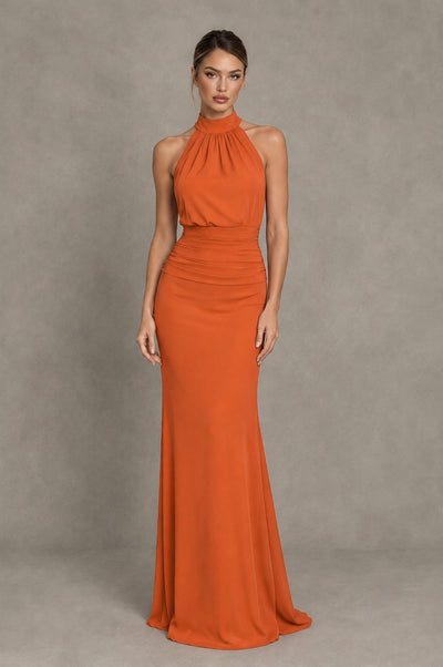 BOLODOO Orange Chiffon Halter Maxi Formal Wedding Guest Dress - Orange - Orange_1