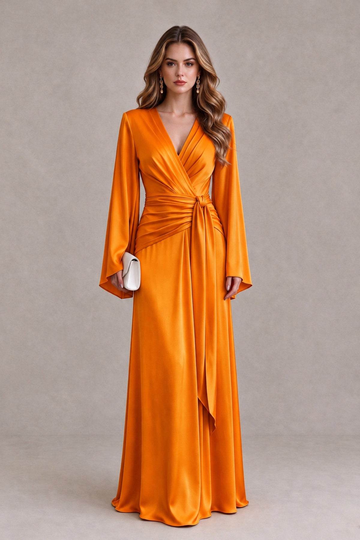 BOLODOO Orange Yellow Satin-Look V-Neck Long Bell Sleeve Evening Dress - Orange - Orange_1