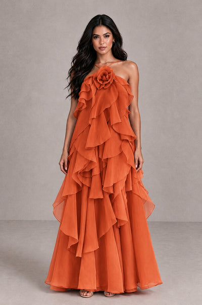 BOLODOO Orange Cascading Ruffle Rosette Open-Back Maxi Dress - Orange - Orange_1