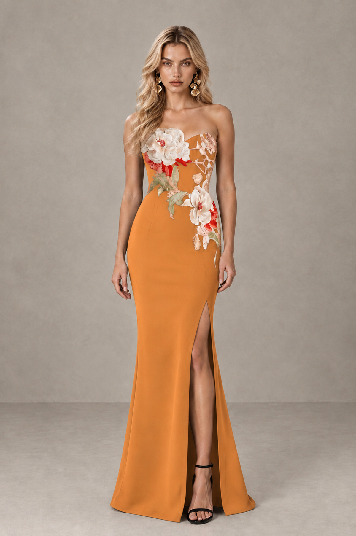 BOLODOO Orange Strapless Floral Mermaid Evening Dress with Slit - Orange - Orange_1
