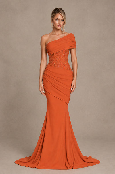 BOLODOO Orange One-Shoulder Sequin Embroidered Ruched Mermaid Gown with Train - Orange - Orange_1