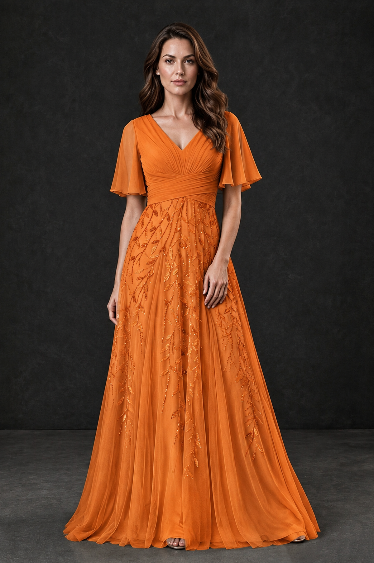 BOLODOO Orange V-Neck Flutter Sleeve Beaded Botanical Tulle A-Line Gown | Mother of the Bride Evening Dress - Orange - Orange_1