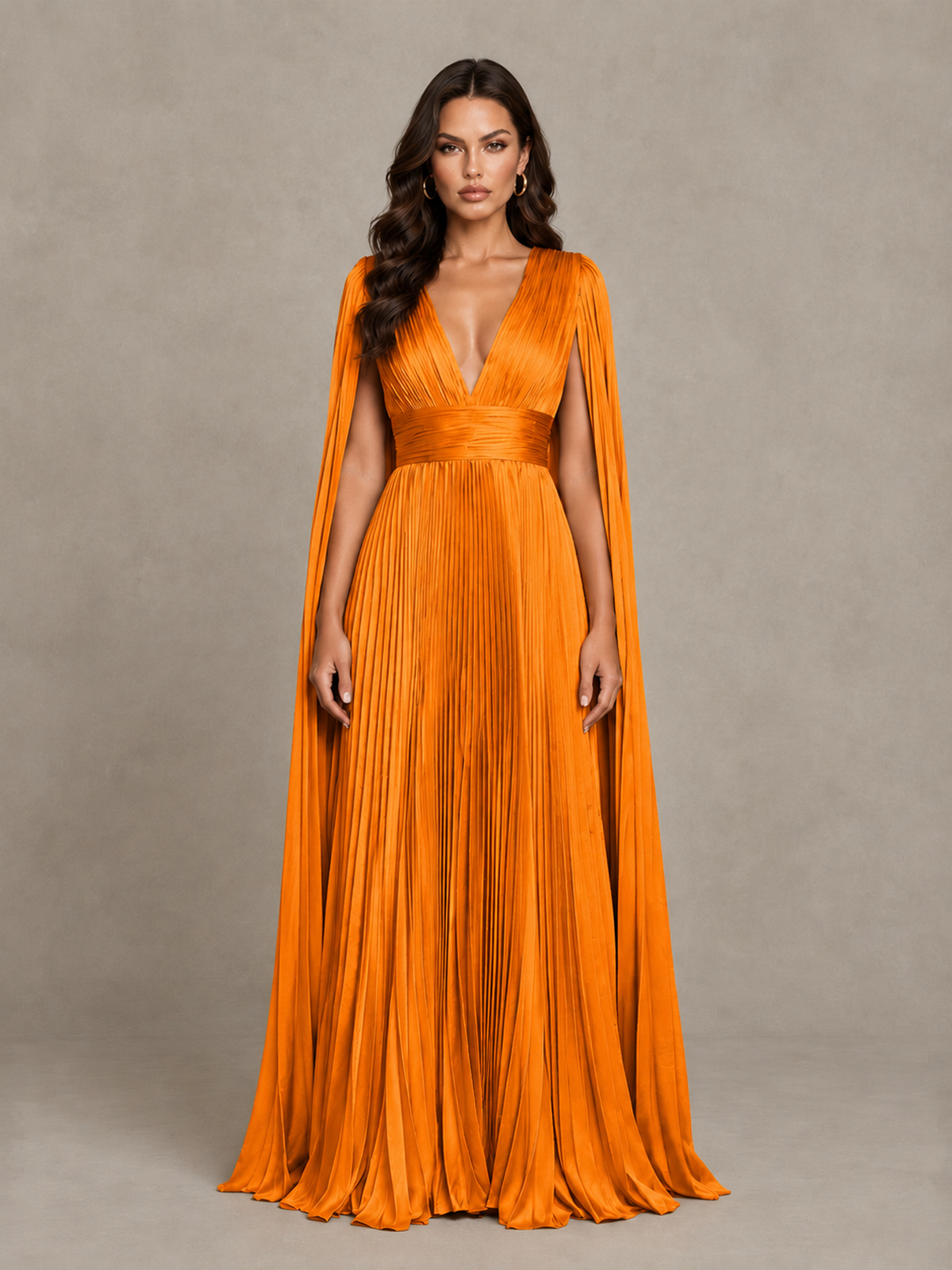 BOLODOO Orange Deep V-Neck Pleated Cape Sleeve Evening Gown - Orange - Orange_1