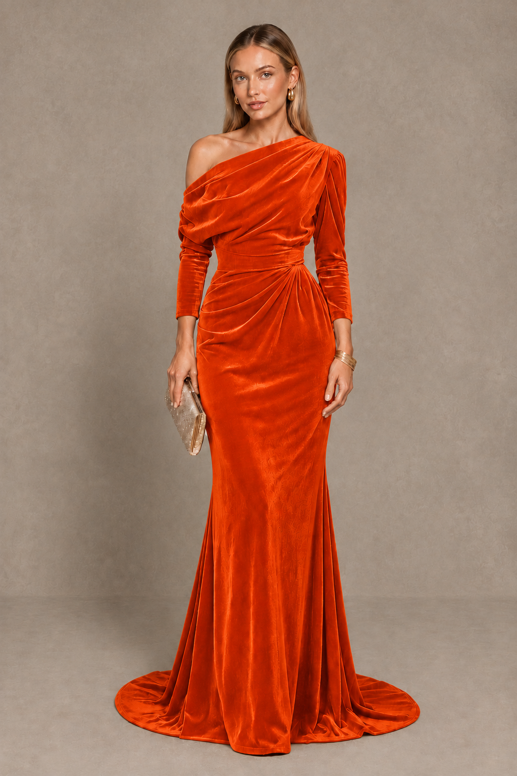 BOLODOO Orange Velvet Asymmetric Neck Mermaid Evening Dress - Orange - Orange_1