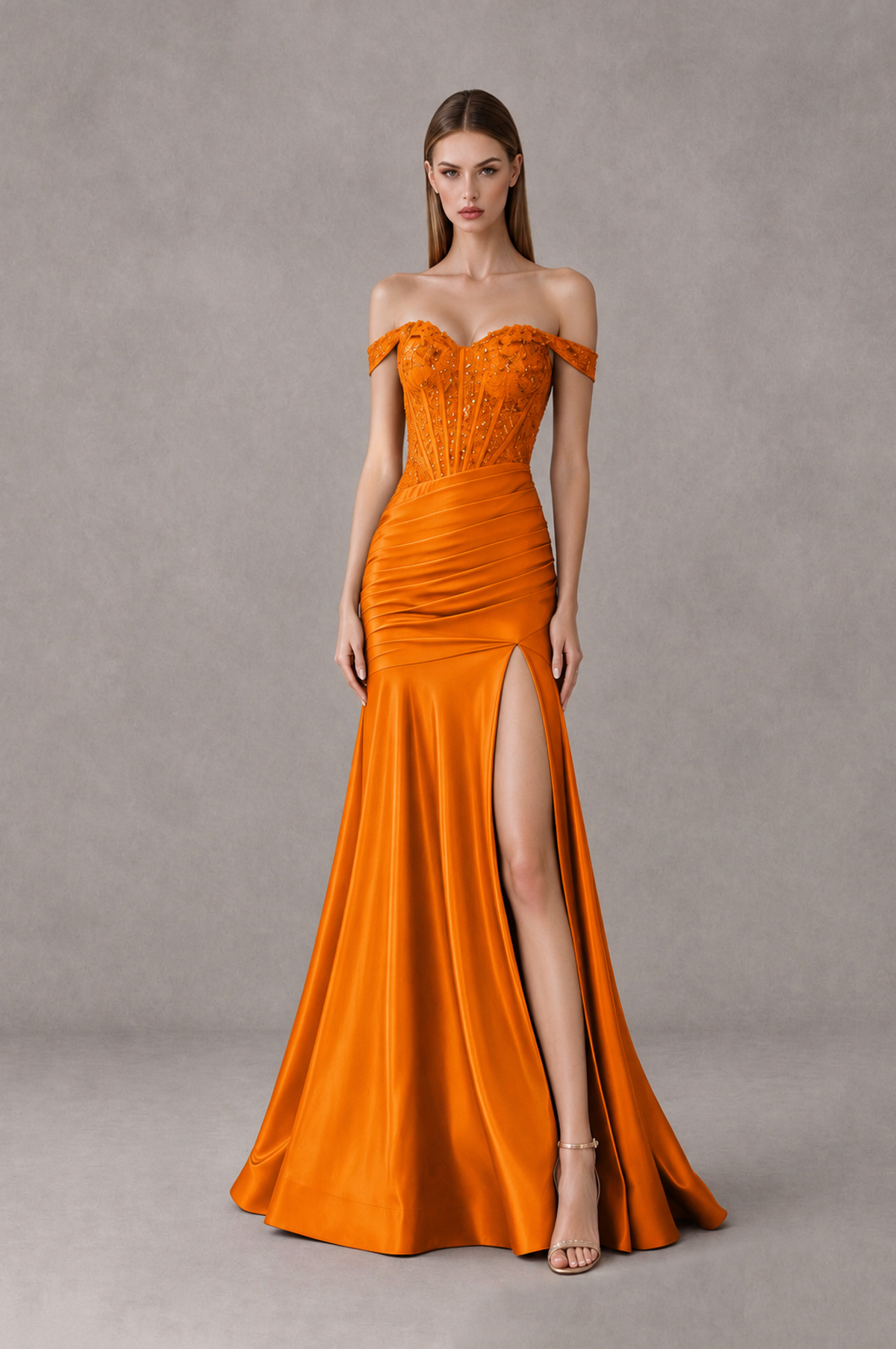 BOLODOO Orange Off-Shoulder Corset Mermaid Prom Dress with Slit Sequin Lace Evening Gown - Orange - Orange_1