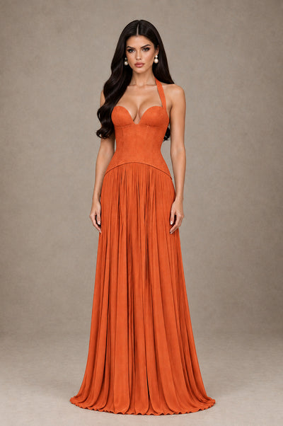 BOLODOO Orange Halter Corset Pleated A-Line Evening Dress - Orange - Orange_1