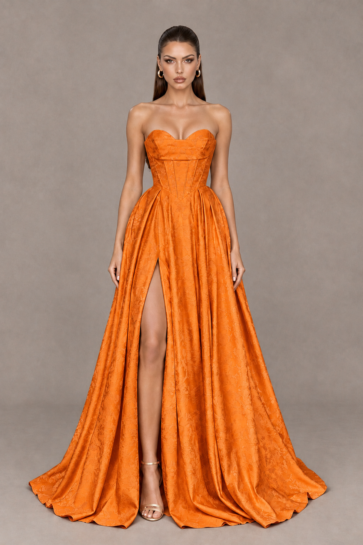BOLODOO Orange Strapless Sweetheart Corset Prom Dress with High Slit – Lace-Up Back A-Line Evening Gown - Orange - Orange_1