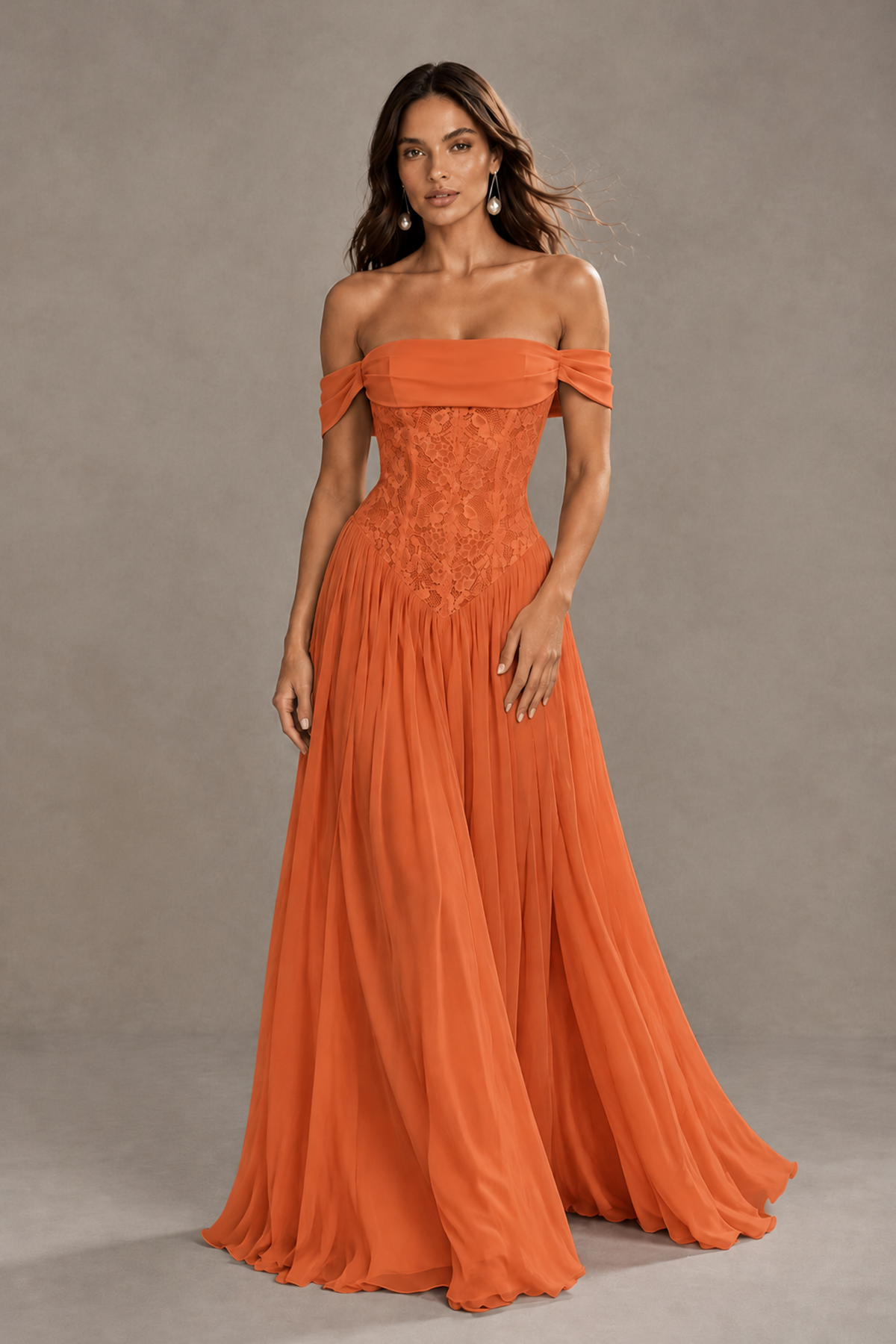 BOLODOO Orange Off-Shoulder Lace Corset Tulle Maxi Dress - Orange - Orange_1