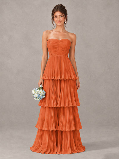BOLODOO Orange Strapless Tiered Pleated Bridesmaid Dress - Orange - Orange_1