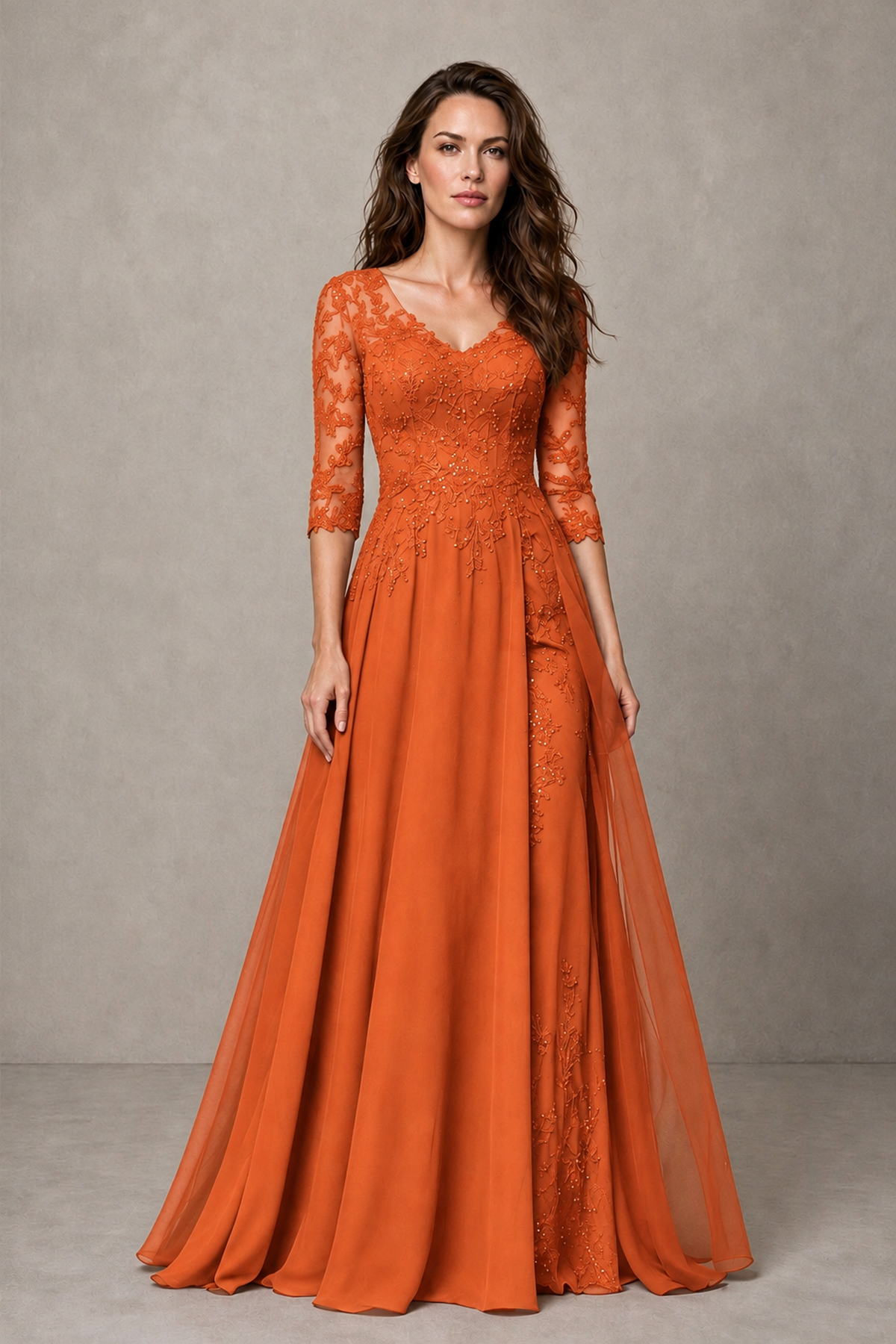 BOLODOO Midnight Orange Beaded Lace Appliqué Chiffon A-Line Gown | Mother of the Bride & Formal Evening Dress - Orange - Orange_1
