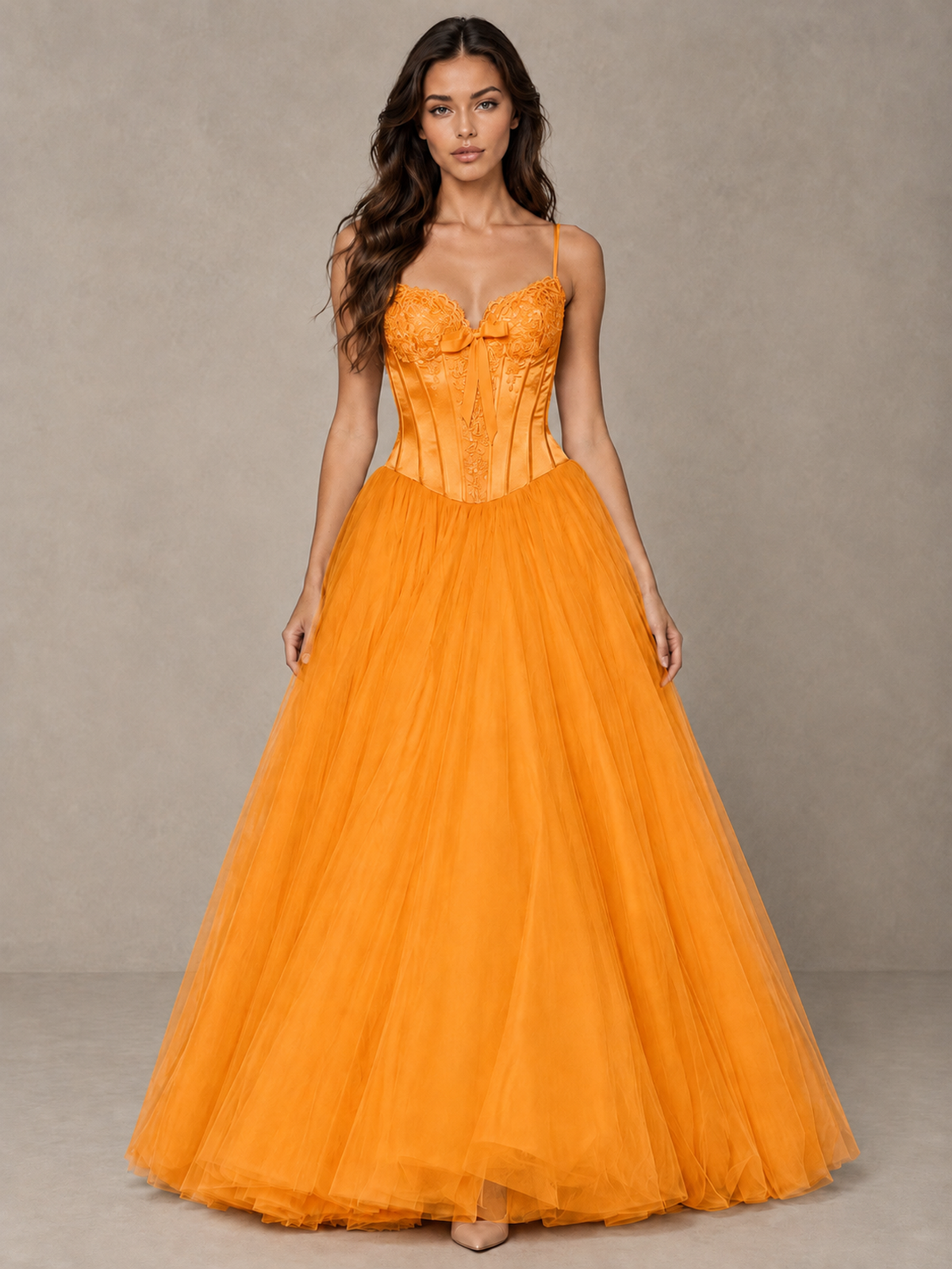 BOLODOO Orange Corset Tulle Prom Dress with Spaghetti Straps - Orange - Orange_1