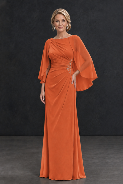BOLODOO Orange Cape Sleeve Mother of the Bride Dress with Ruched Waist - Orange - Orange_1