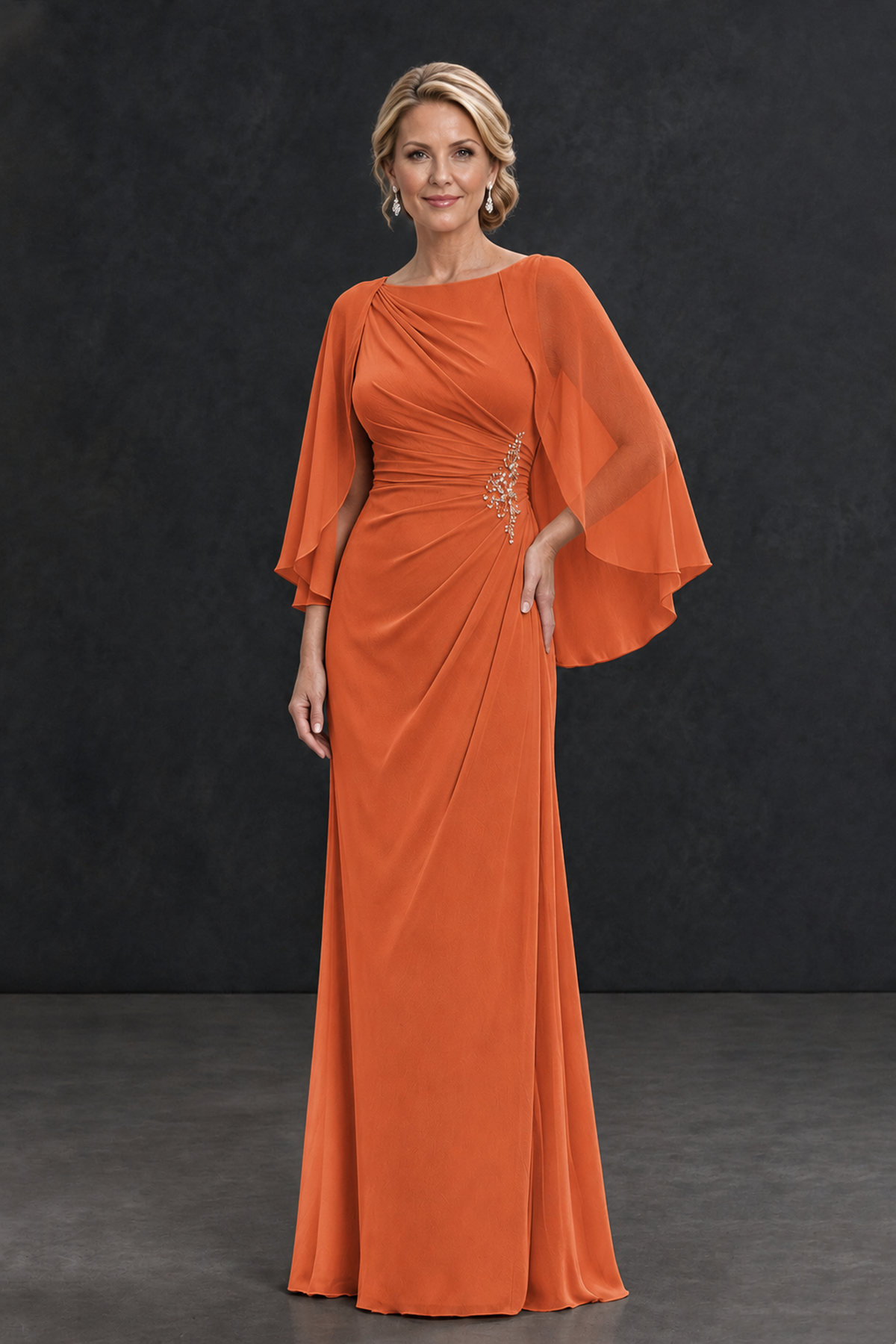 BOLODOO Orange Cape Sleeve Mother of the Bride Dress with Ruched Waist - Orange - Orange_1