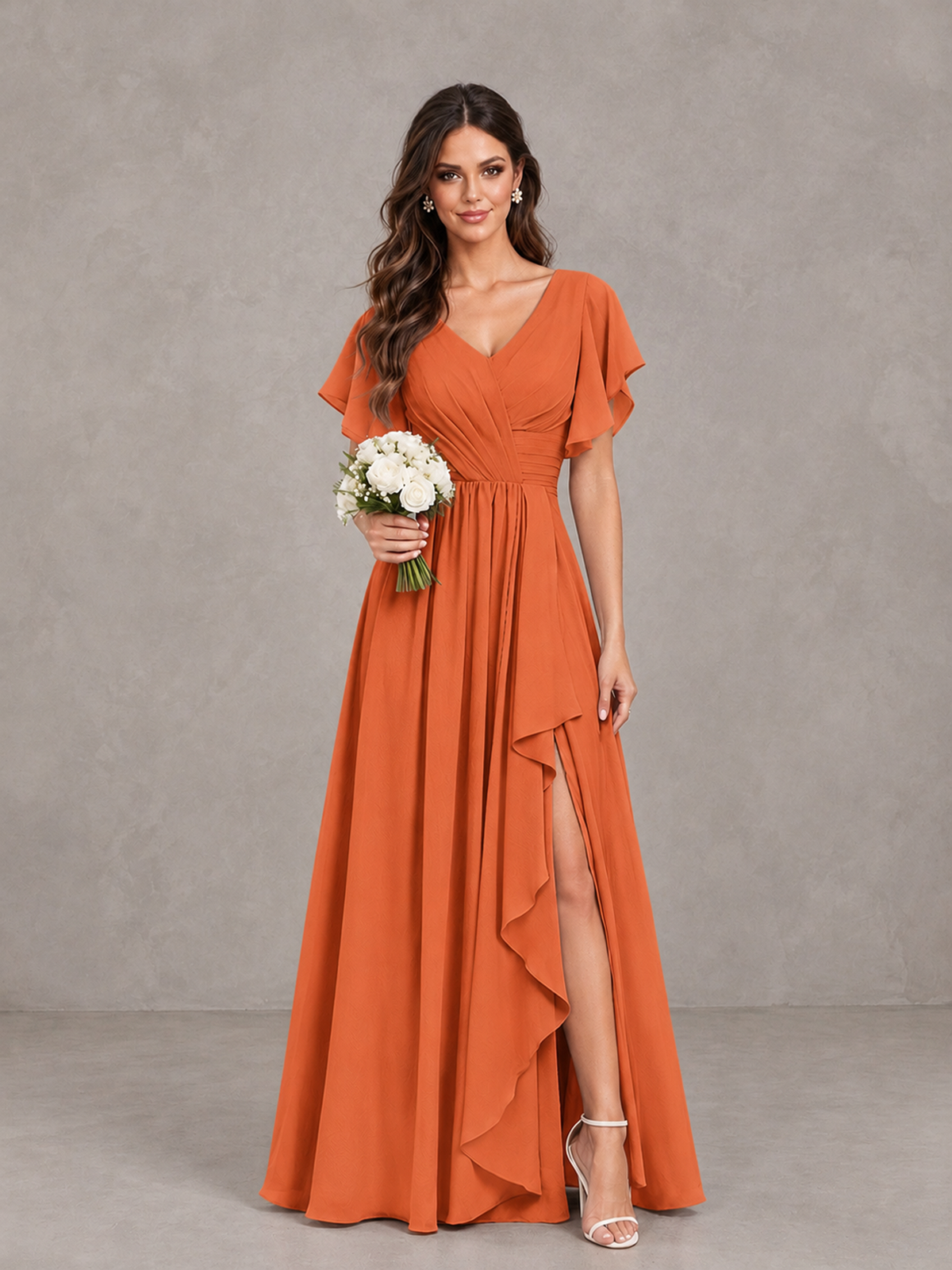 BOLODOO Orange Flutter Sleeve V-Neck Bridesmaid Dress with Ruffle Slit - Orange - Orange_1