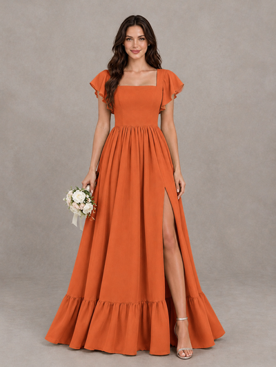 BOLODOO Orange Square Neck Flutter Sleeve Bridesmaid Dress with Slit - Orange - Orange_1