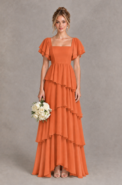 BOLODOO Orange Square Neck Flutter Sleeve Tiered Chiffon Bridesmaid Dress with Lace-Up Back - Orange - Orange_1