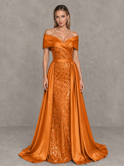 BOLODOO Orange Sequin Mermaid Evening Dress with Detachable Satin Overskirt and Sweep Train - Orange - Orange_1
