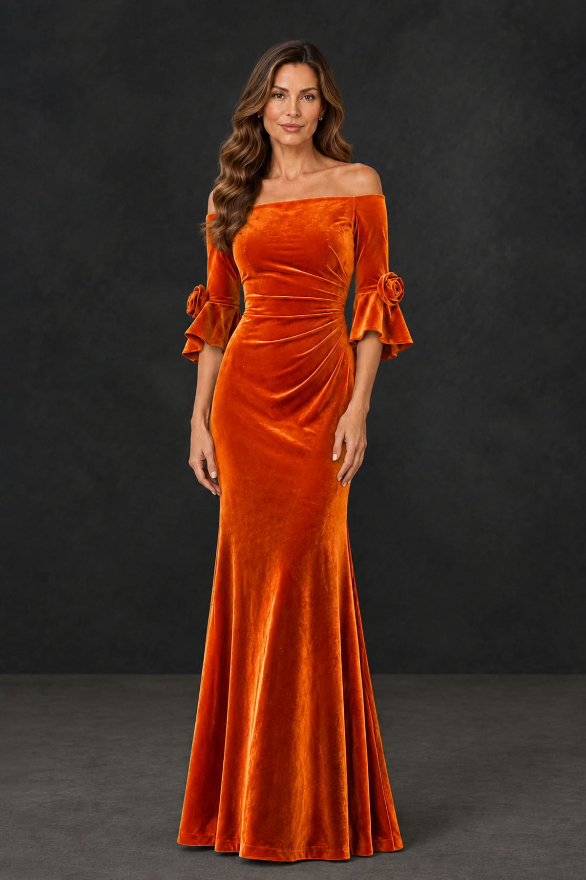 BOLODOO Orange Velvet Mother of the Bride Dress with Rosette Sleeves - Orange - Orange_1