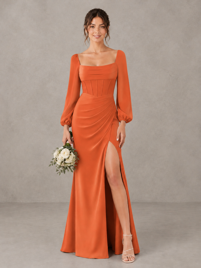 BOLODOO Orange Square Neck Long Sleeve Bridesmaid Dress with High Slit - Orange - Orange_1