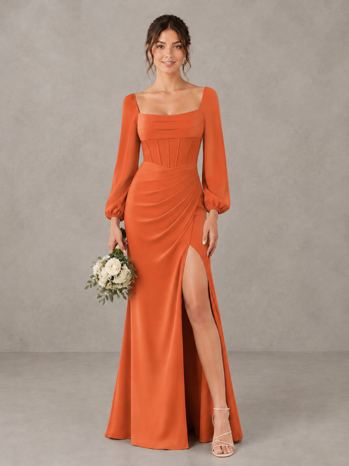 BOLODOO Orange Square Neck Long Sleeve Bridesmaid Dress with High Slit - Orange - Orange_1