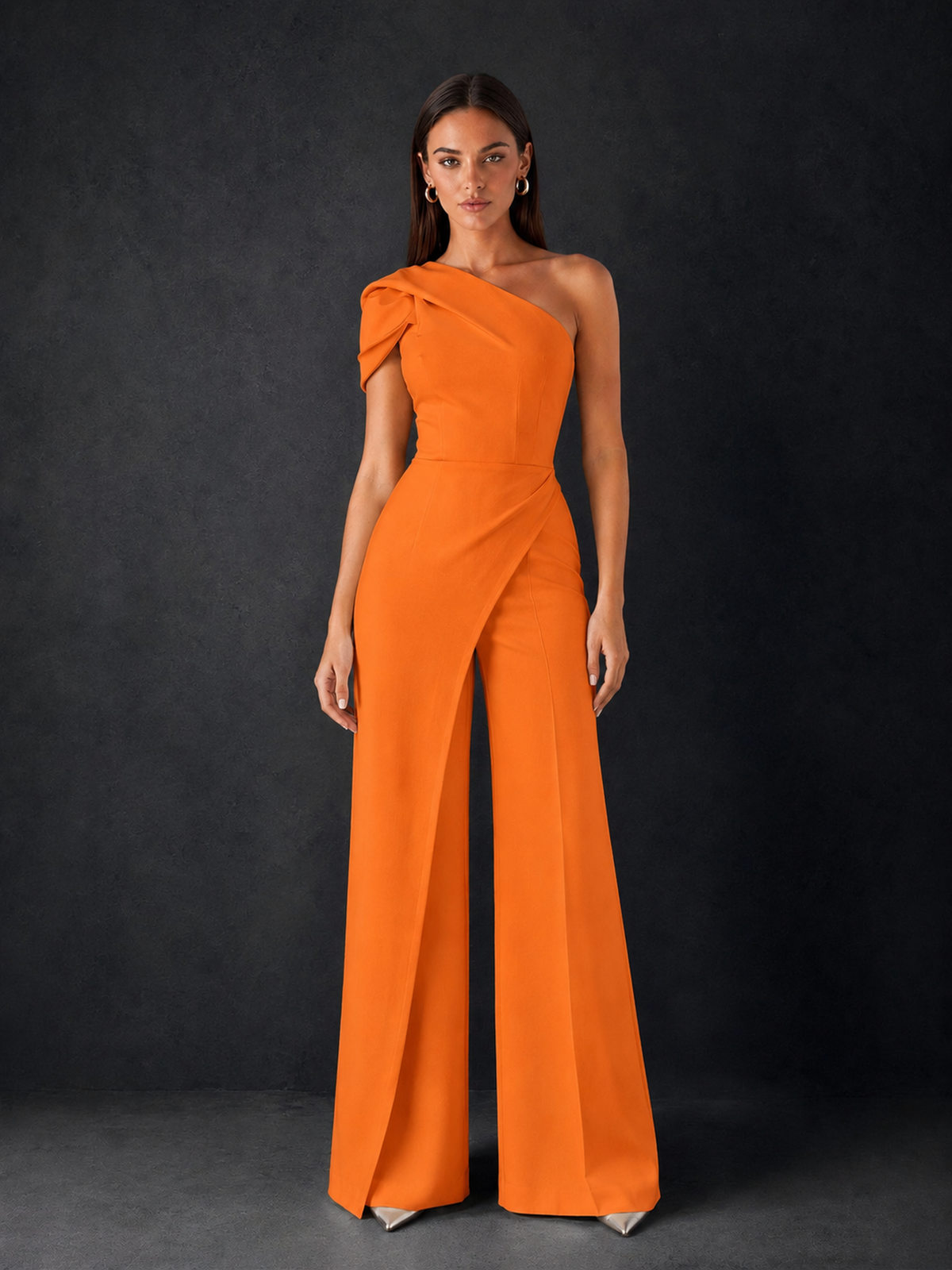 BOLODOO Orange One-Shoulder Puff Sleeve Wide-Leg Jumpsuit with Front Slit and Open Back - Orange