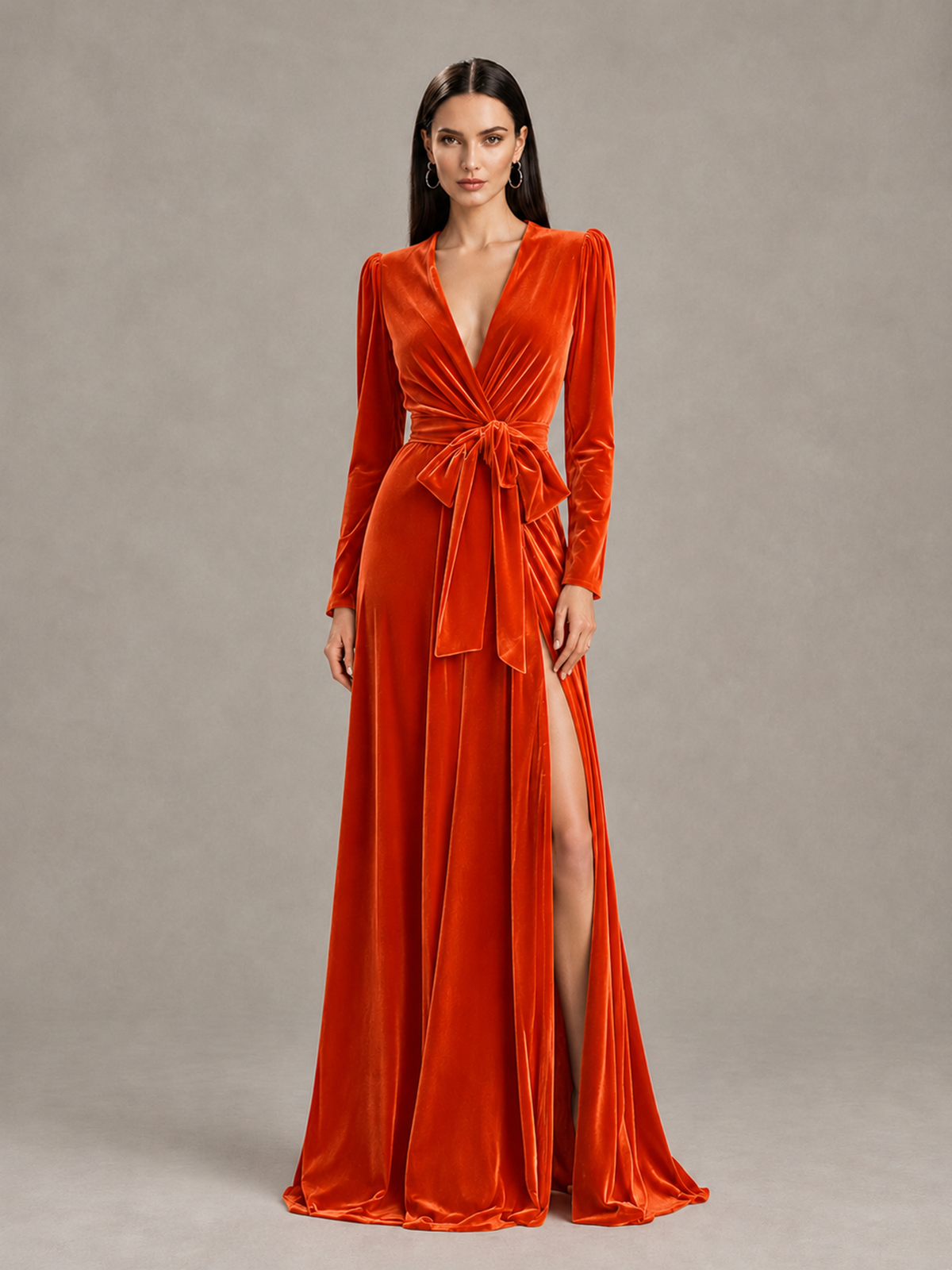 BOLODOO Orange Long Sleeve Velvet-Look Evening Dress with High Slit - Orange - Orange_1