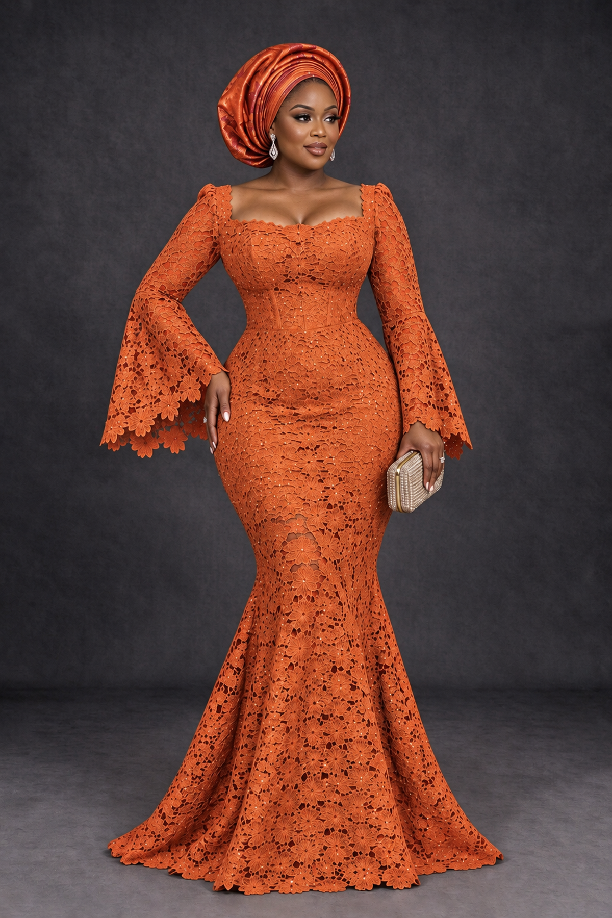 BOLODOO Orange African Lace Mermaid Dress, Plus Size Nigerian Wedding Guest Gown with Bell Sleeves - Orange - Orange_1