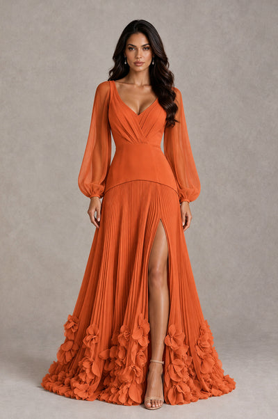 BOLODOO Orange V-Neck Long Sleeve Pleated Floral Hem Evening Dress - Orange - Orange_1